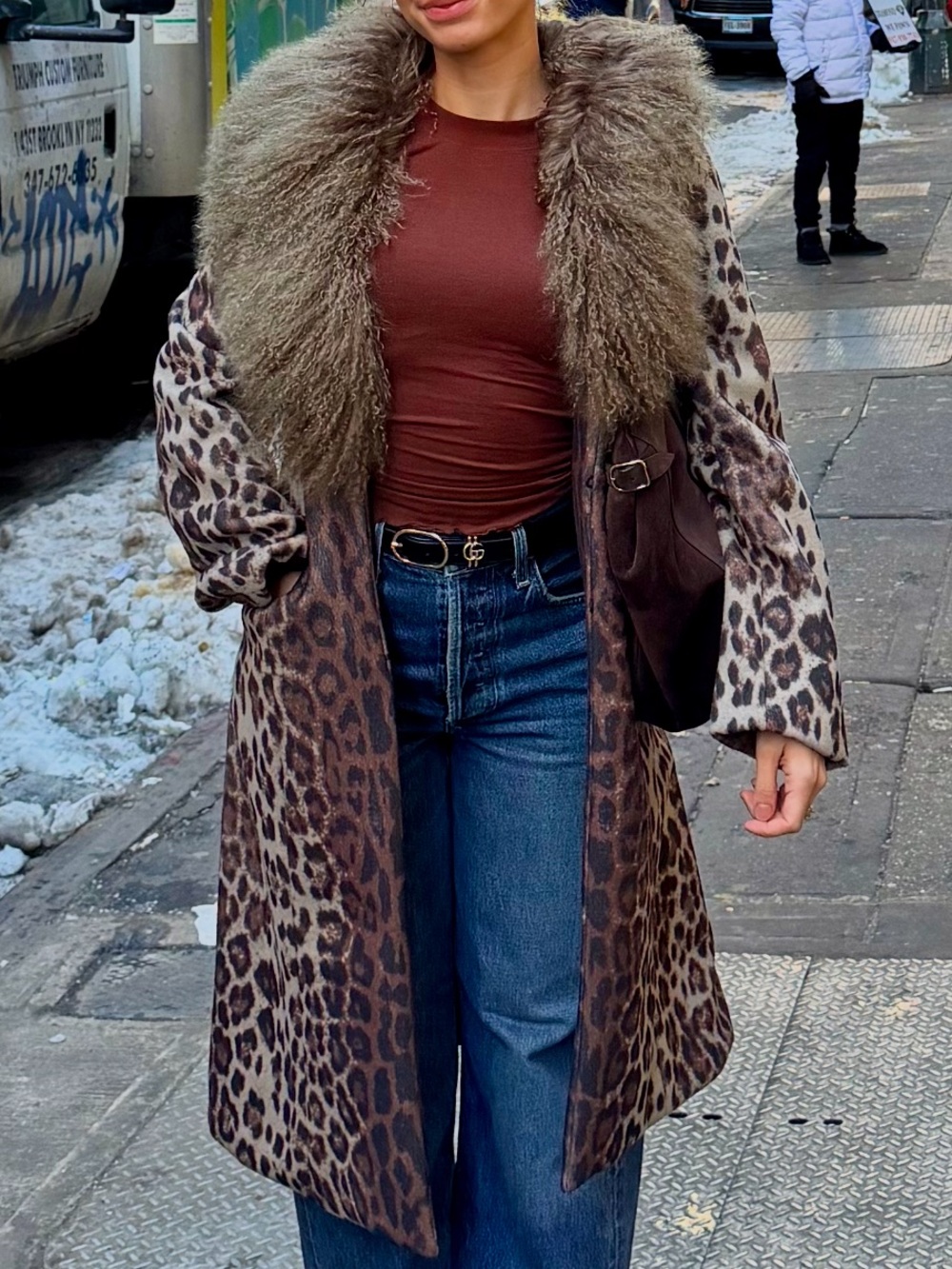 Charlotte Simone Naomi Leopard Print Wool-Blend Coat with Fur Collar - Brown